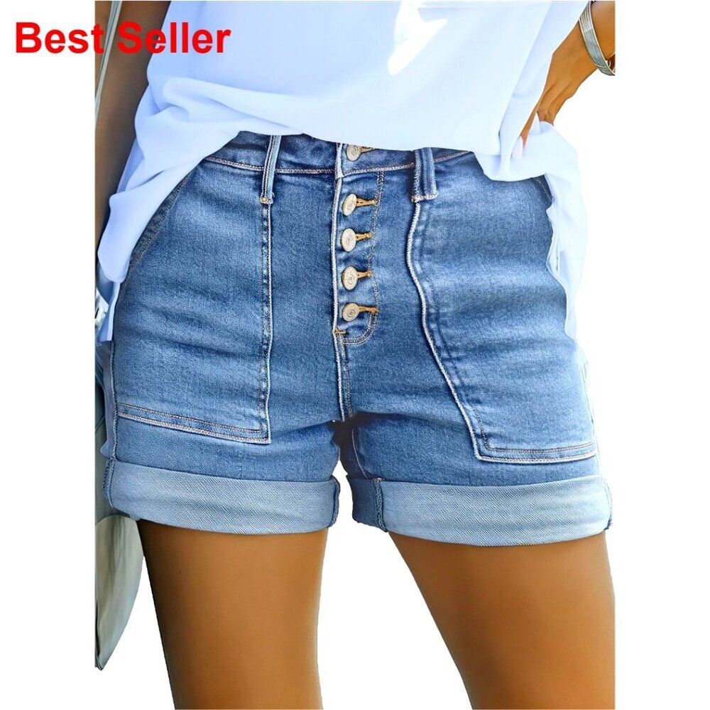 High Waisted Denim Shorts with Buttoned Folded Hem Stretchy Fit